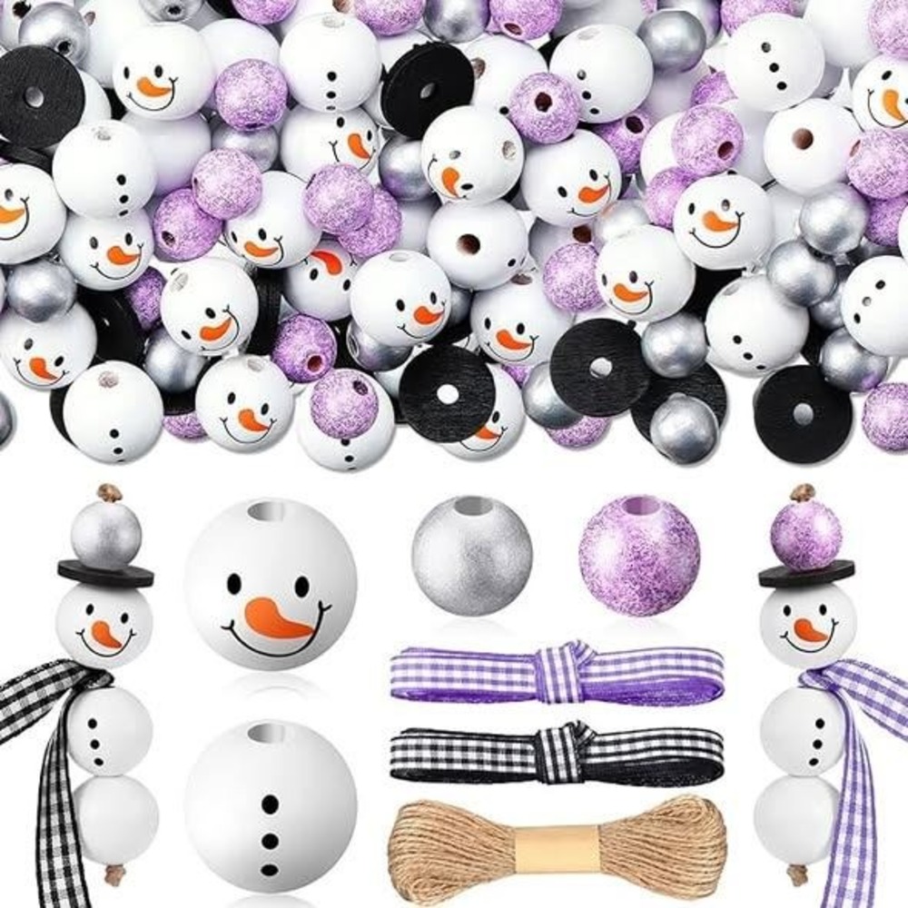 Snowman Wooden Bead Kit Winter DIY Craft Set Purple Silver Gingham Ribbon Twine